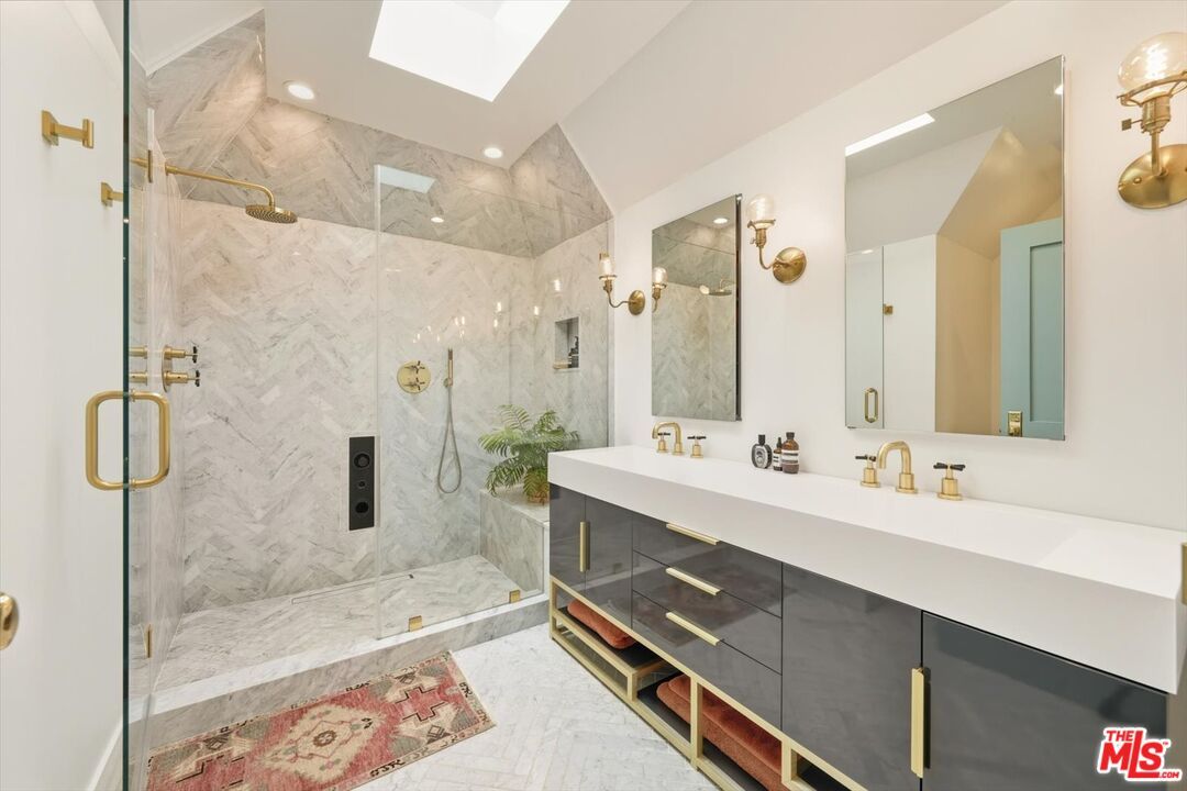 Bathroom, Dual Sink Vanities, Glass Shower, Interior, Marble, Marble Walls, Recessed Lighting
