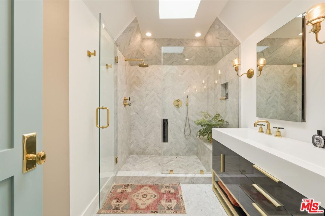 Bathroom, Glass Shower, Interior, Marble, Marble Walls, Recessed Lighting
