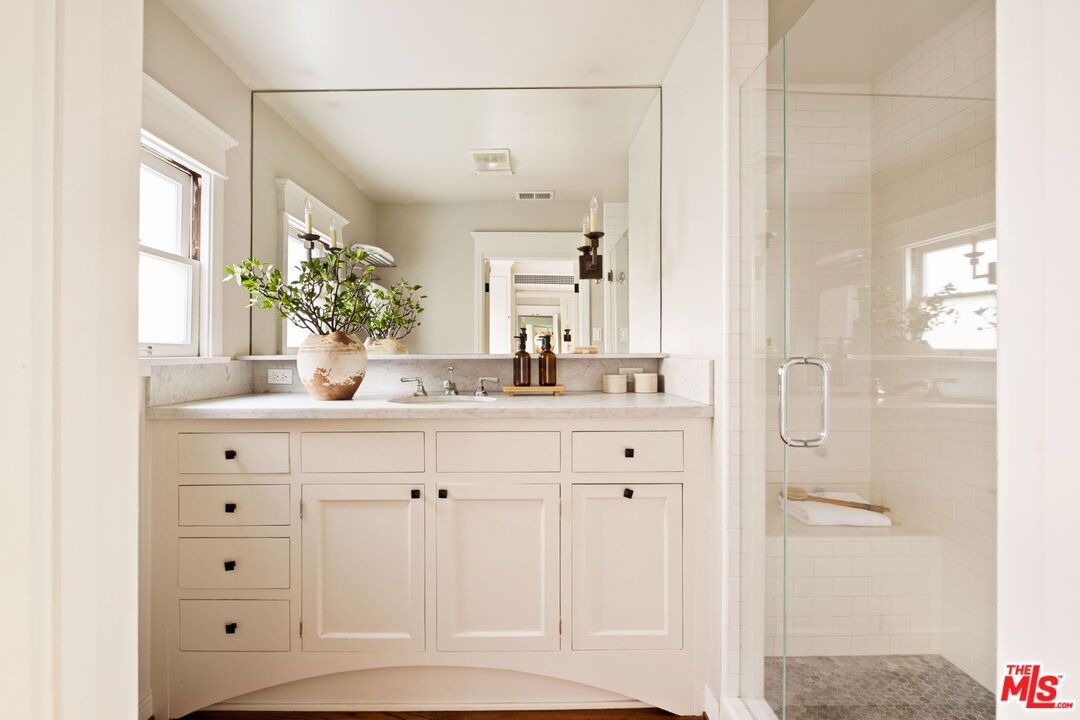 Bathroom, Glass Shower, Interior, Wood Texture Flooring