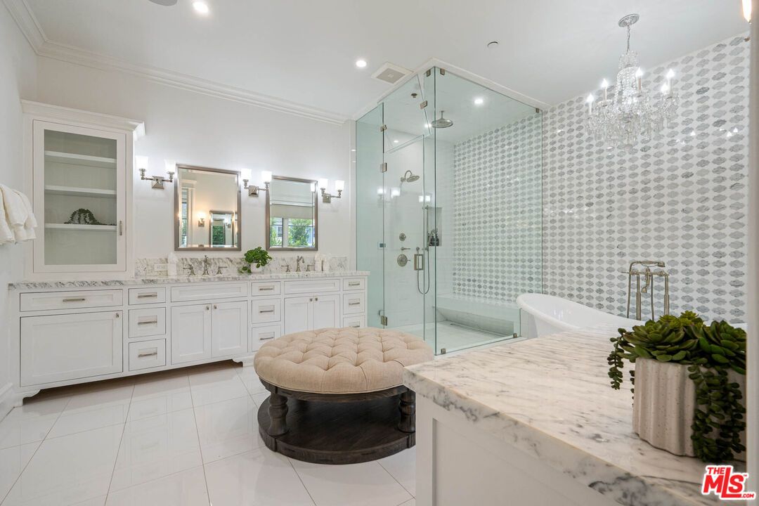 Bathroom, Chandelier, Glass Shower, Interior, Recessed Lighting