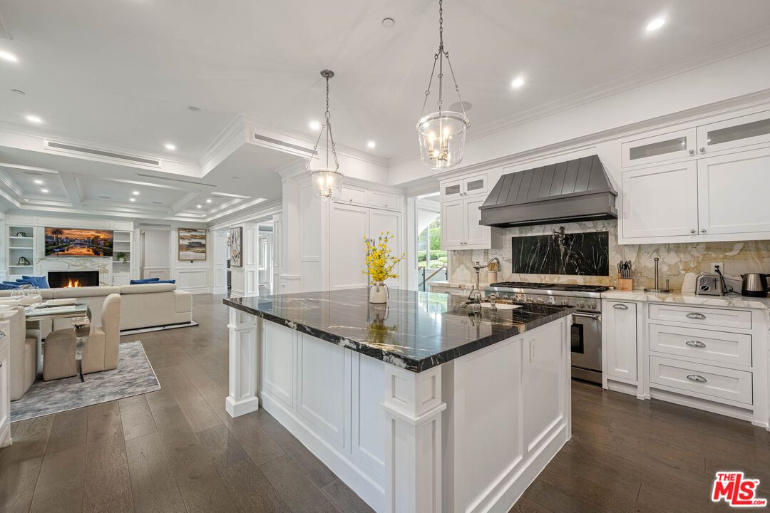 Fireplace, Interior, Kitchen, Living room, Pendant Lights, Recessed Lighting, Stainless Steel Appliances, Wood Texture Flooring