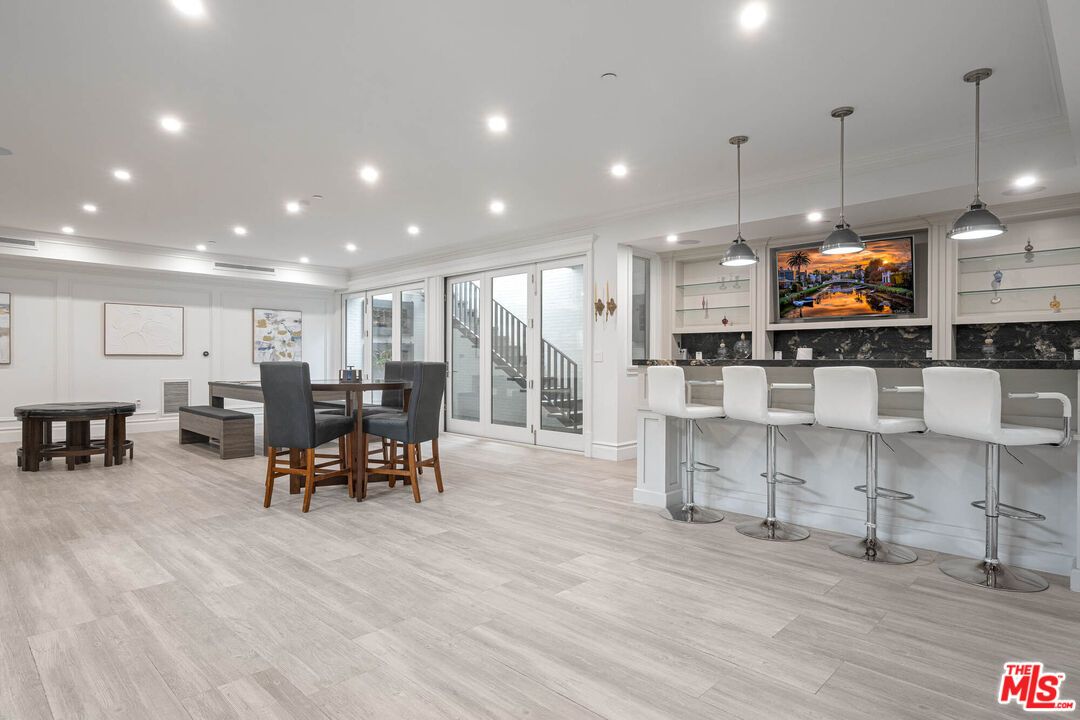 Billiard Table, Dining room, Game Room, Interior, Pendant Lights, Recessed Lighting, Wood Texture Flooring