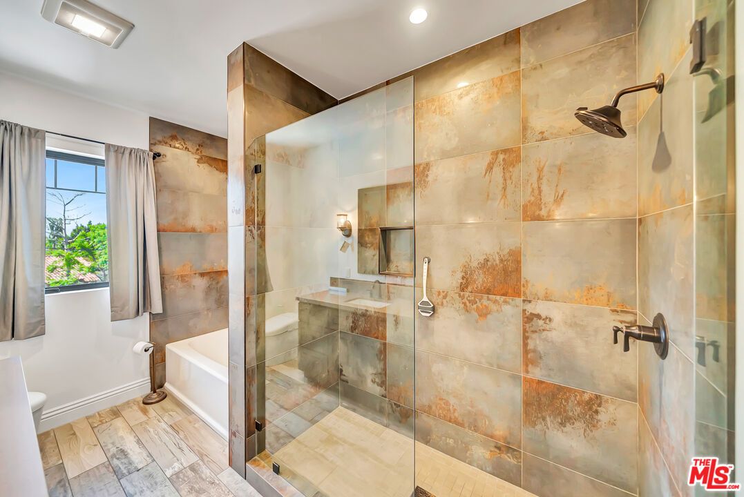 Bathroom, Glass Shower, Interior, Recessed Lighting, Wood Texture Flooring