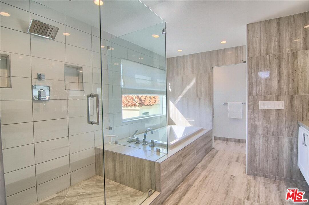 Bathroom, Glass Shower, Interior, Recessed Lighting, Wood Texture Flooring