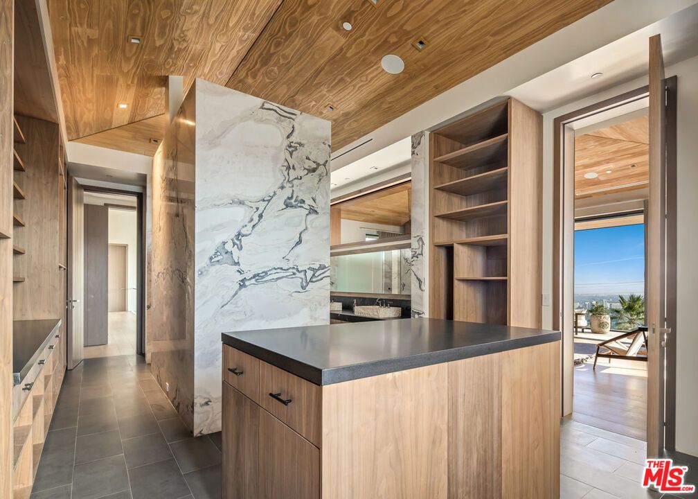 Interior, Kitchen, Marble Walls, Recessed Lighting, Stainless Steel Appliances, Wooden Ceilings, Wood Texture Flooring