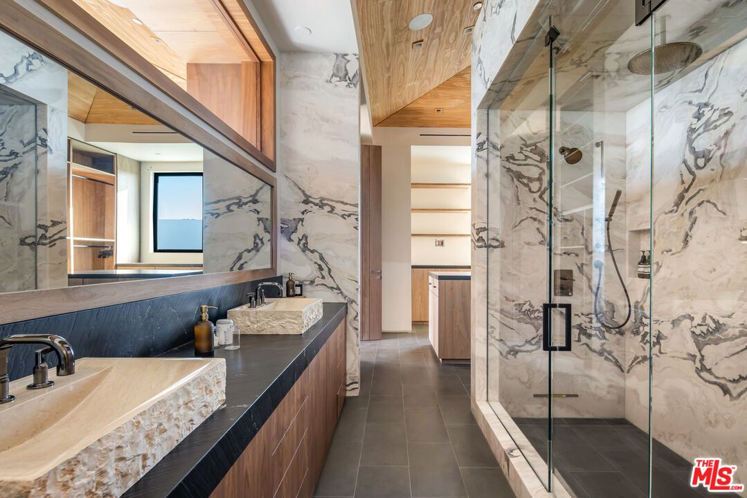 Bathroom, Dual Sink Vanities, Glass Shower, Interior, Marble Walls