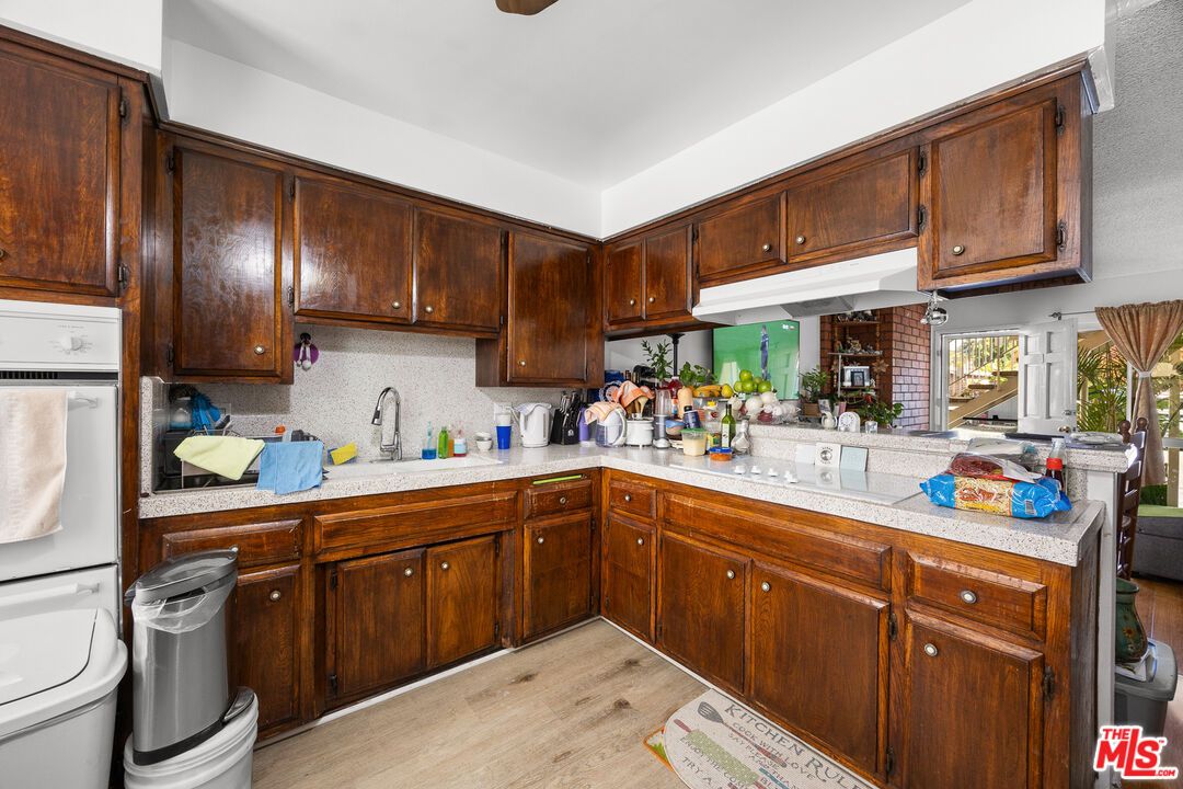 Interior, Kitchen, Tile Countertops, Wood Texture Flooring