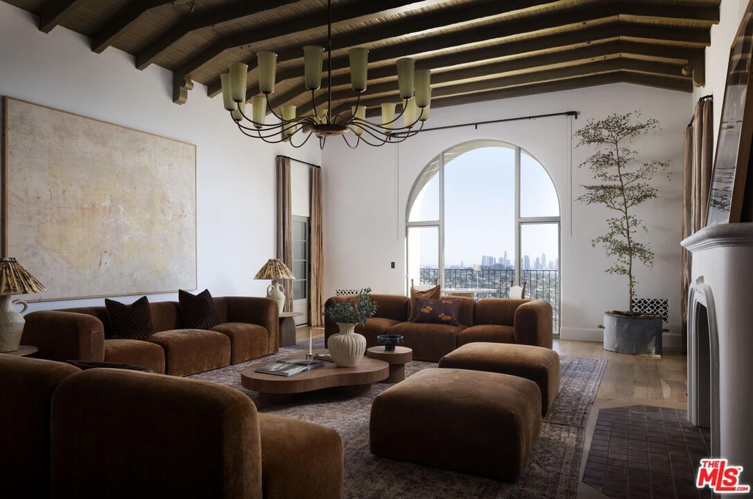 Chandelier, Fireplace, Interior, Living room, Wooden Beams, Wooden Ceilings, Wood Texture Flooring