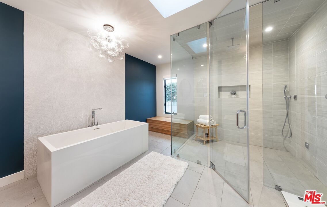 Bathroom, Chandelier, Free Standing Baths, Glass Shower, Interior, Recessed Lighting, Wood Texture Flooring