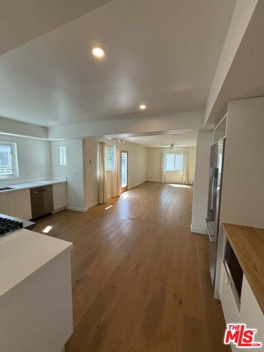 Empty room, Interior, Kitchen, Recessed Lighting, Wood Texture Flooring