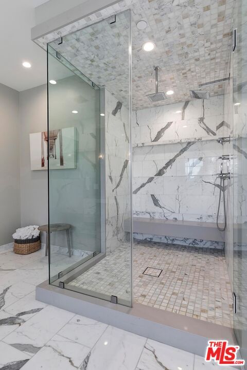 Bathroom, Glass Shower, Interior, Marble, Marble Walls, Recessed Lighting