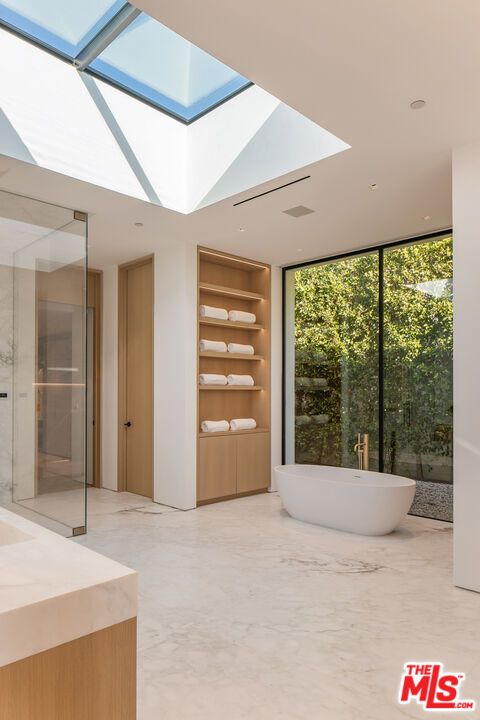Bathroom, Free Standing Baths, Glass Ceilings, Glass Shower, Interior, Marble, Recessed Lighting