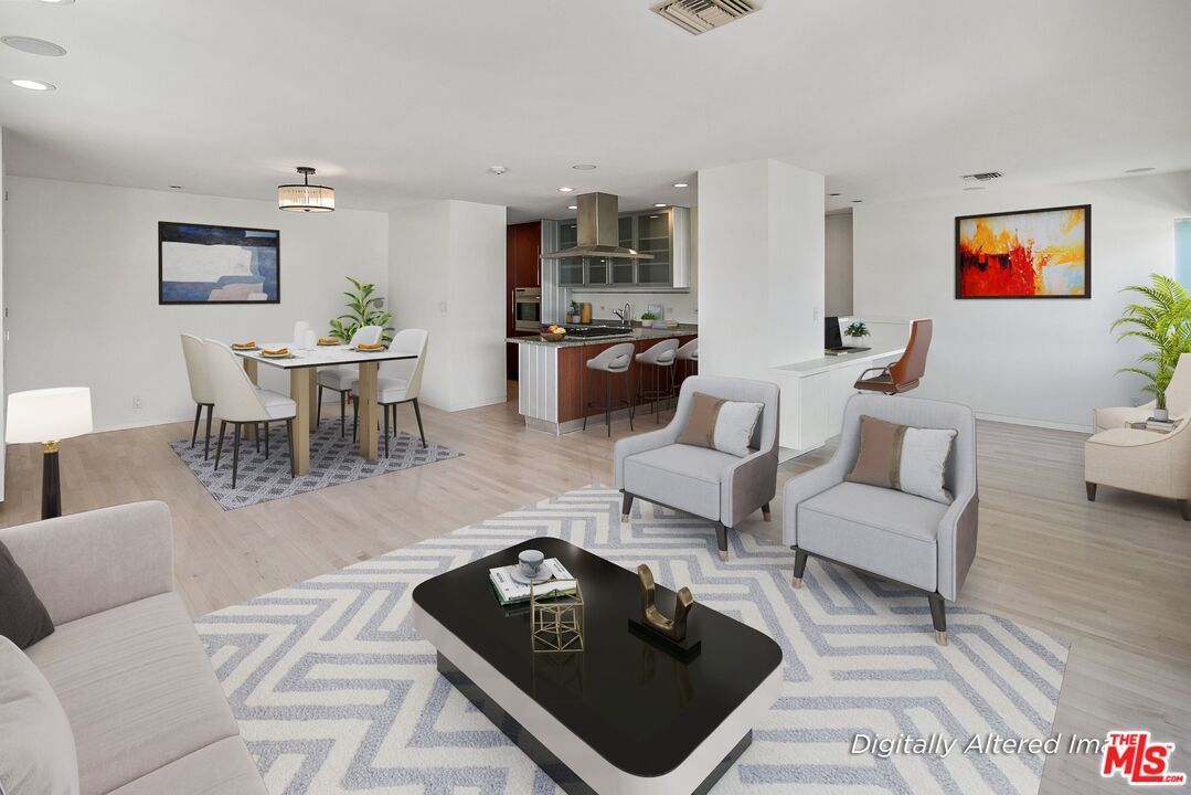 Dining room, Interior, Kitchen, Living room, Recessed Lighting, Wood Texture Flooring