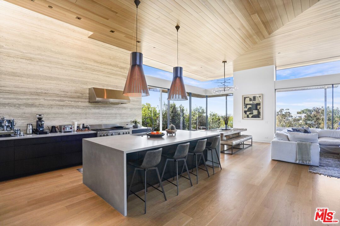 Interior, Kitchen, Living room, Pendant Lights, Stainless Steel Appliances, Wooden Ceilings, Wood Texture Flooring