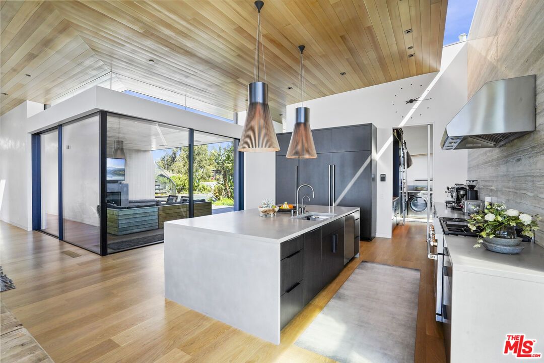 Interior, Kitchen, Pendant Lights, Recessed Lighting, Stainless Steel Appliances, Wooden Ceilings, Wood Texture Flooring