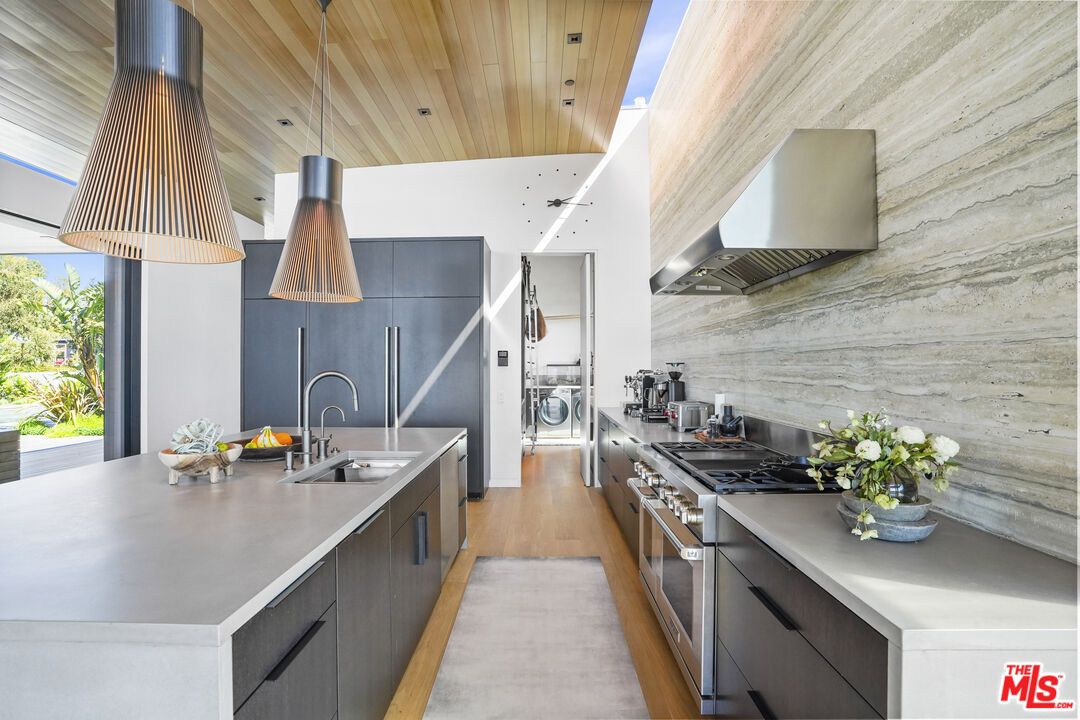 Interior, Kitchen, Pendant Lights, Recessed Lighting, Stainless Steel Appliances, Wooden Ceilings, Wood Texture Flooring