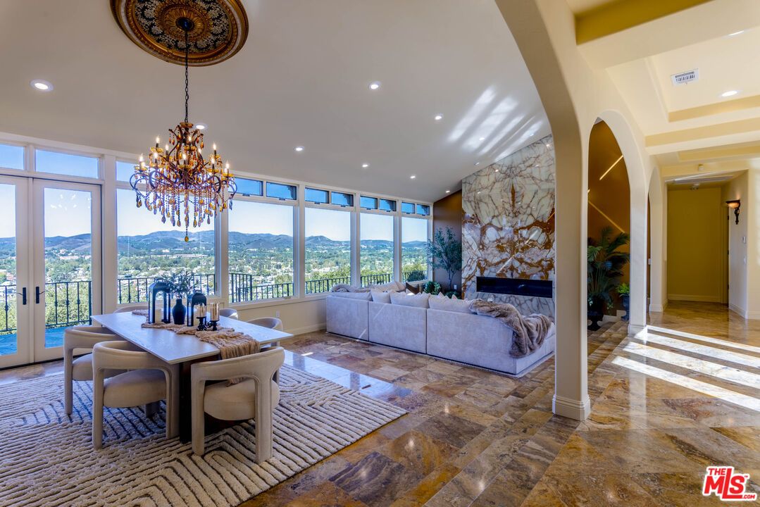 Chandelier, Dining room, Fireplace, Interior, Living room, Recessed Lighting