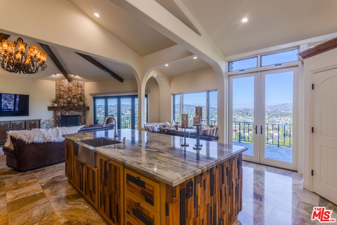 Chandelier, Fireplace, Interior, Kitchen, Living room, Recessed Lighting, Wooden Beams
