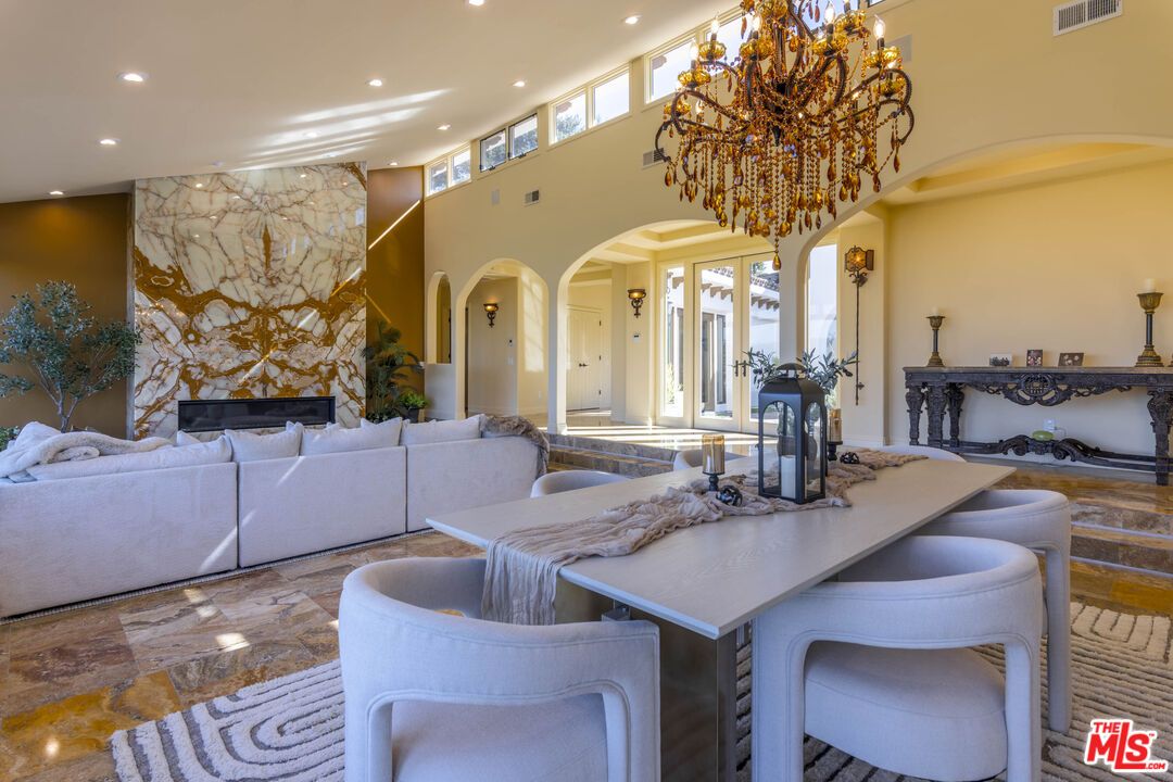 Chandelier, Dining room, Fireplace, Interior, Recessed Lighting