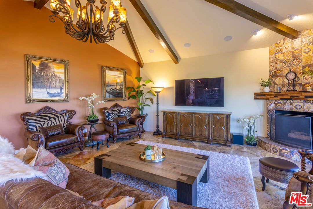 Chandelier, Fireplace, Interior, Living room, Recessed Lighting, Wooden Beams