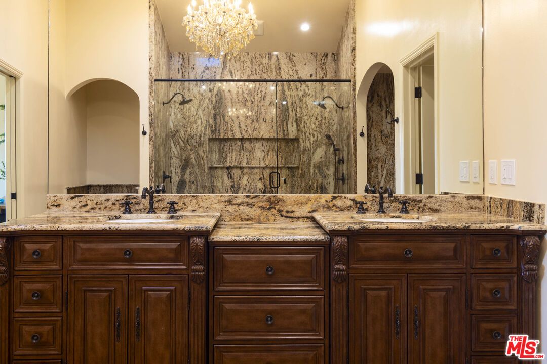 Bathroom, Chandelier, Dual Sink Vanities, Interior, Recessed Lighting