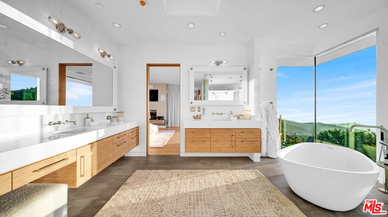 Bathroom, Dual Sink Vanities, Free Standing Baths, Interior, Recessed Lighting, Wood Texture Flooring