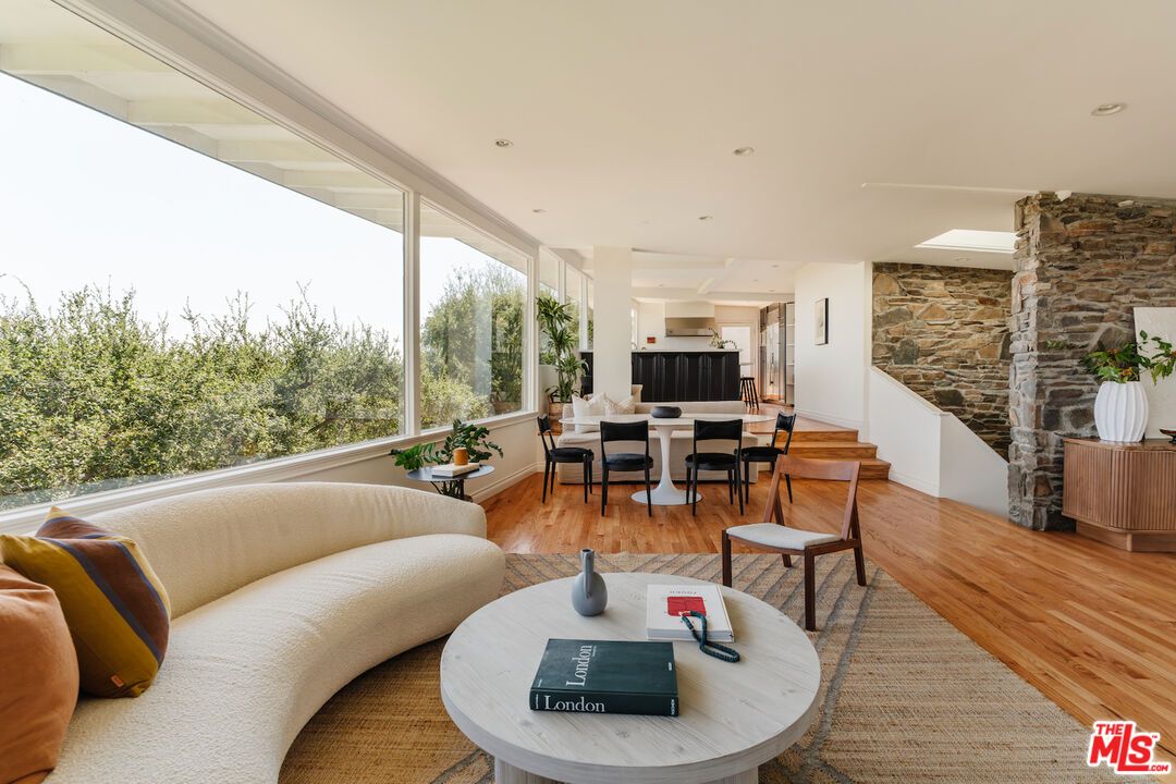 Dining room, Interior, Living room, Recessed Lighting, Stone Walls, Wood Texture Flooring