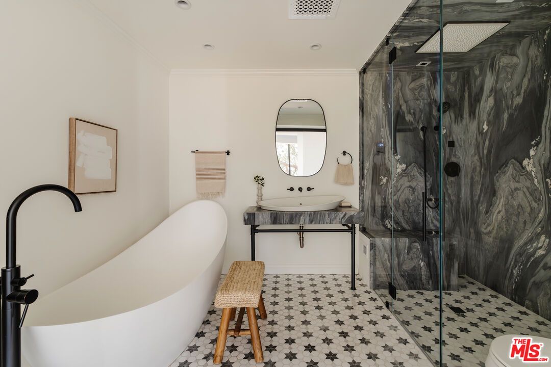 Bathroom, Free Standing Baths, Glass Shower, Interior, Recessed Lighting