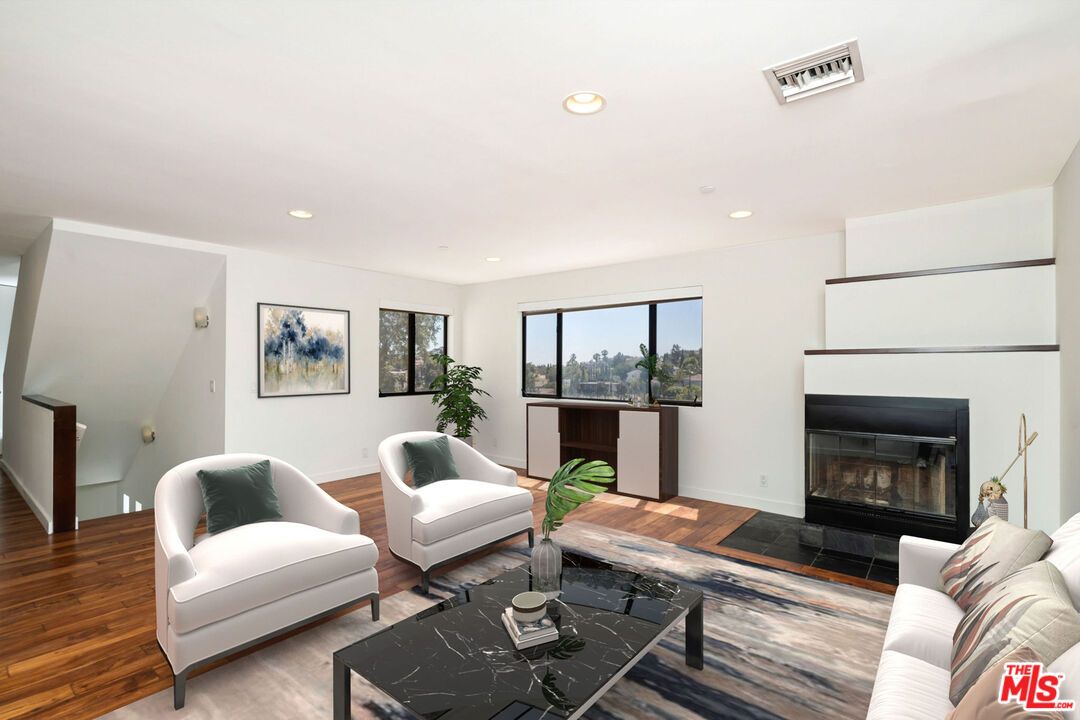 Fireplace, Interior, Living room, Recessed Lighting, Wood Texture Flooring