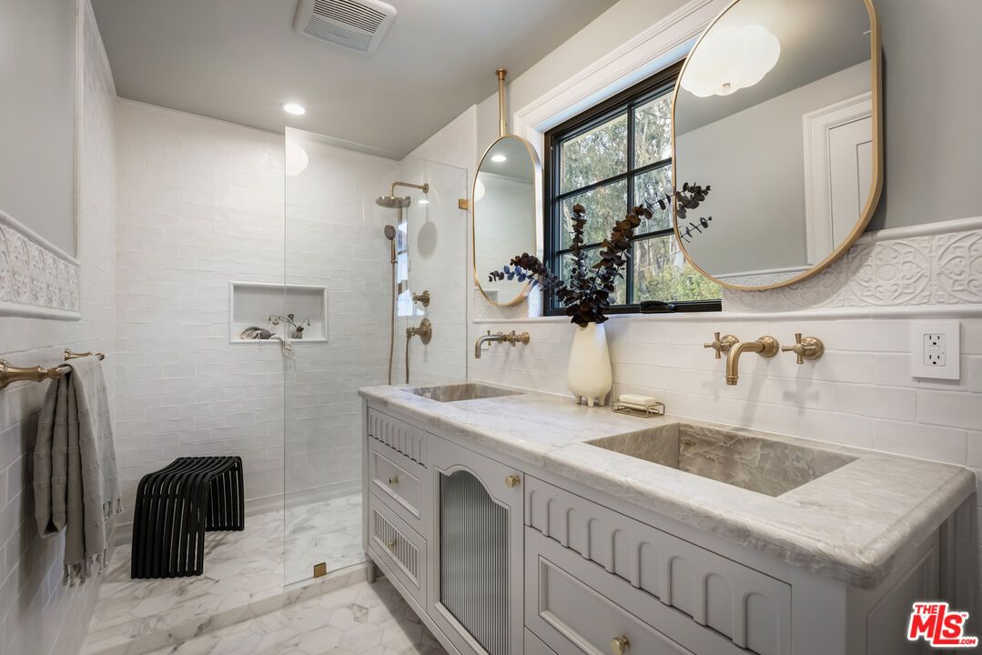 Bathroom, Dual Sink Vanities, Glass Shower, Interior, Marble, Recessed Lighting