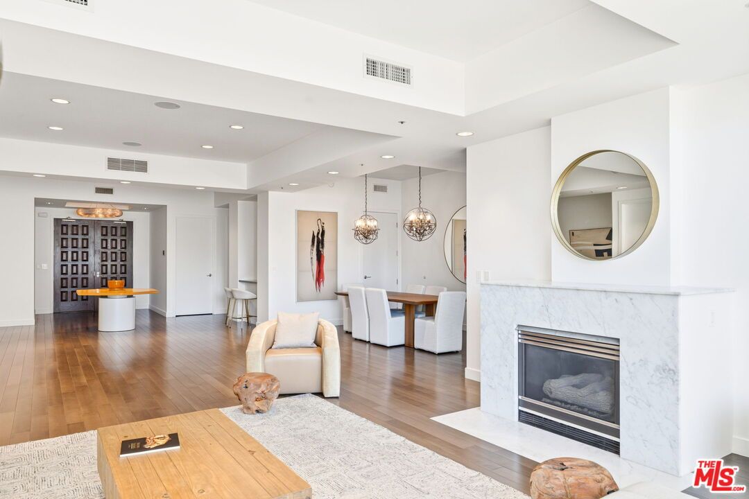 Dining room, Fireplace, Interior, Pendant Lights, Recessed Lighting, Wood Texture Flooring