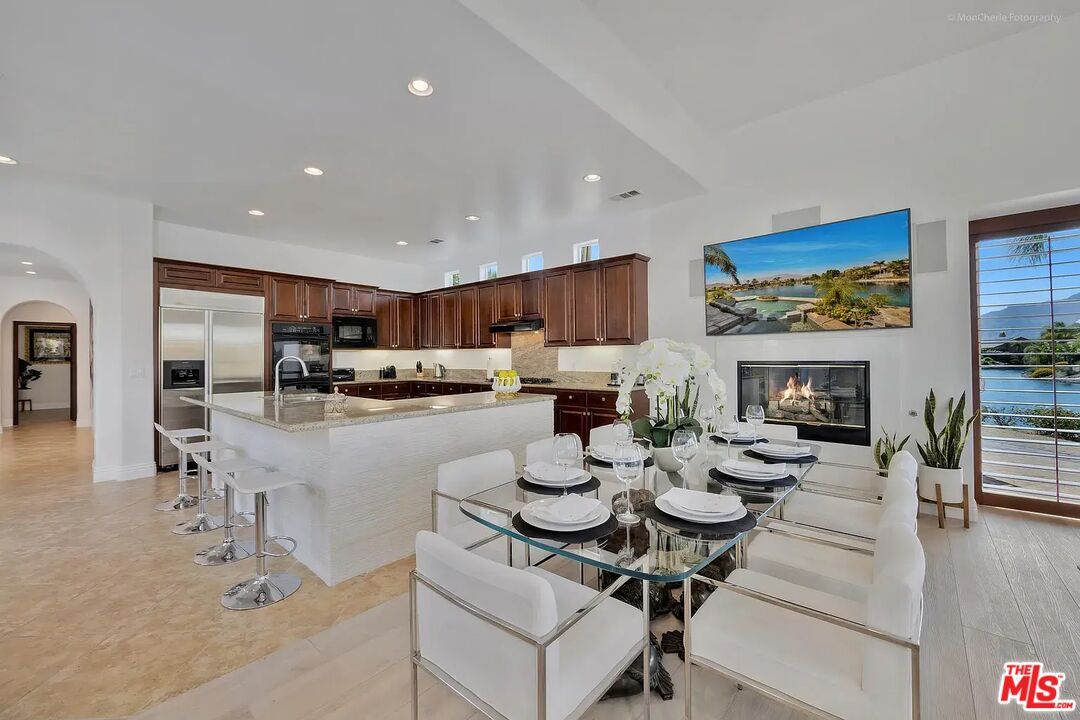 Dining room, Fireplace, Interior, Kitchen, Recessed Lighting, Stainless Steel Appliances, Water