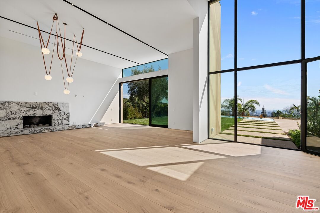 Empty room, Fireplace, Interior, Pendant Lights, Wood Texture Flooring