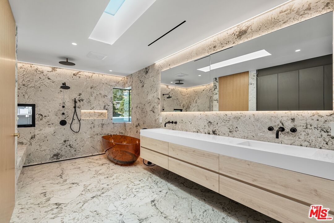 Bathroom, Dual Sink Vanities, Interior, Marble, Marble Walls, Recessed Lighting