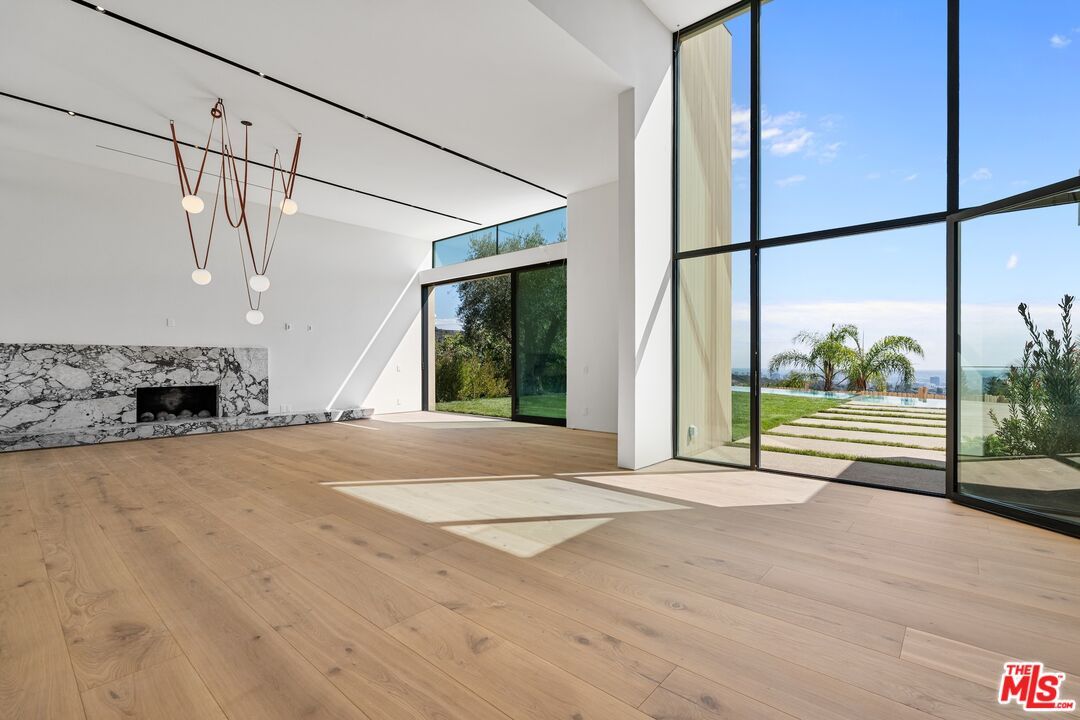 Empty room, Fireplace, Interior, Pendant Lights, Wood Texture Flooring