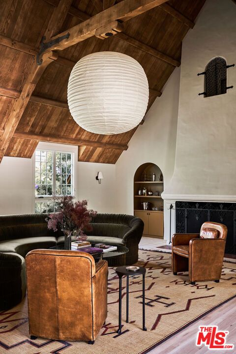 Fireplace, Interior, Living room, Pendant Lights, Wooden Beams, Wooden Ceilings, Wood Texture Flooring
