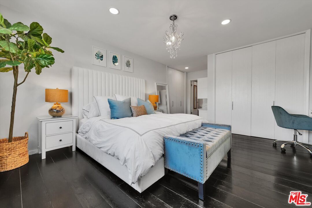 Bedroom, Chandelier, Interior, Recessed Lighting, Wood Texture Flooring