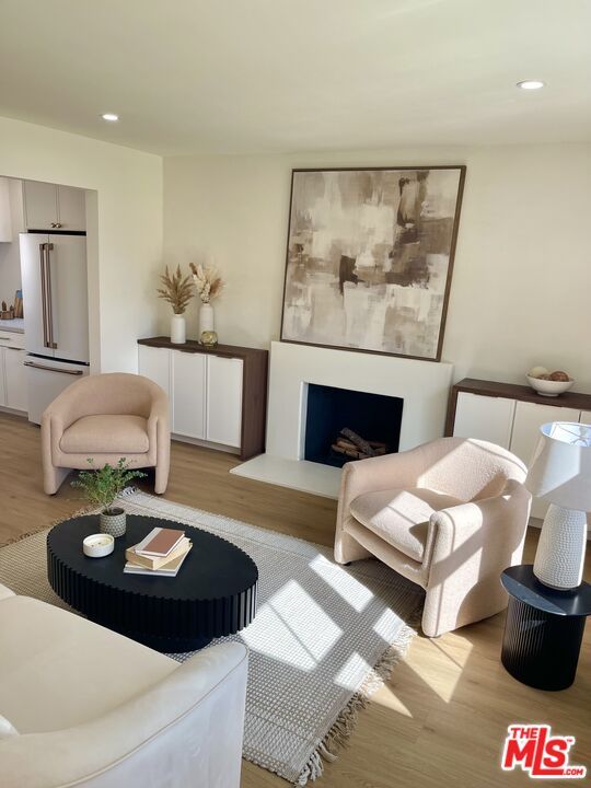 Fireplace, Interior, Living room, Recessed Lighting, Wood Texture Flooring