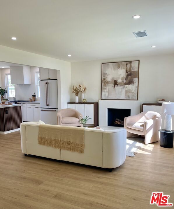 Fireplace, Interior, Living room, Recessed Lighting, Wood Texture Flooring