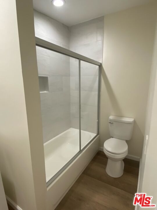 Bathroom, Glass Shower, Interior, Recessed Lighting, Wood Texture Flooring