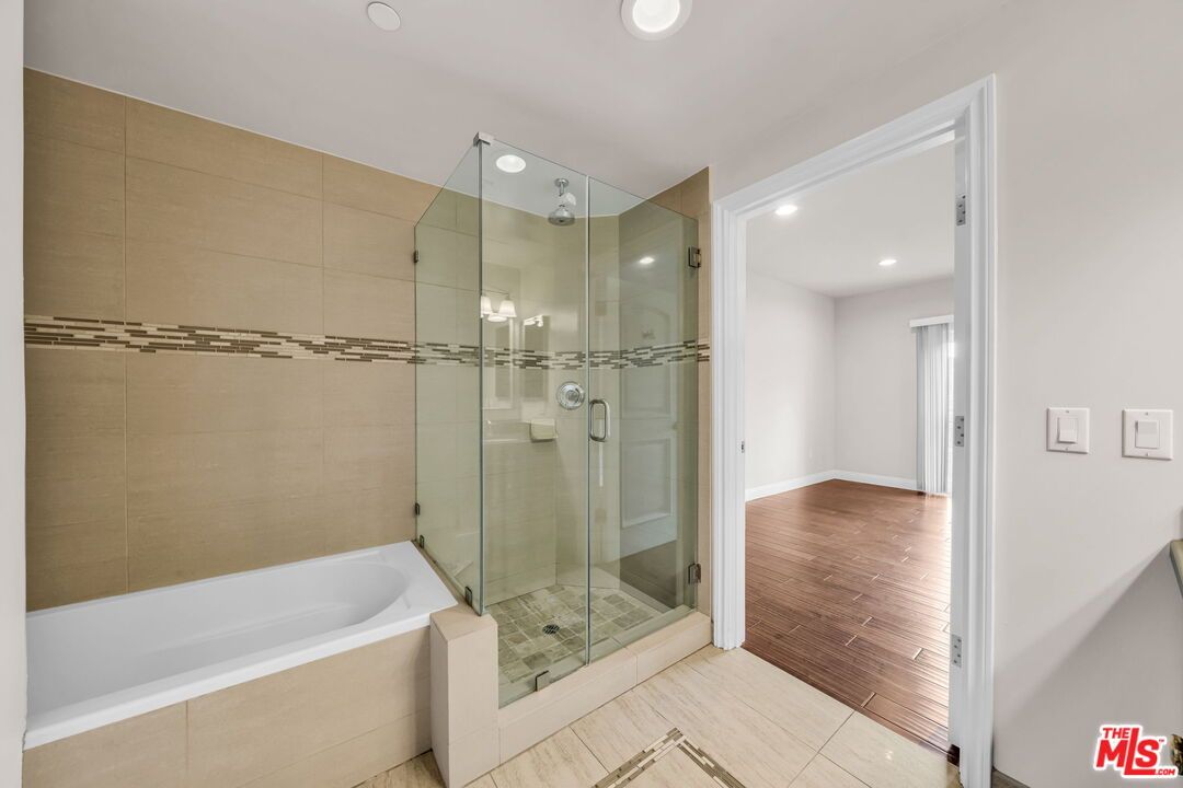 Bathroom, Glass Shower, Interior, Recessed Lighting, Wood Texture Flooring