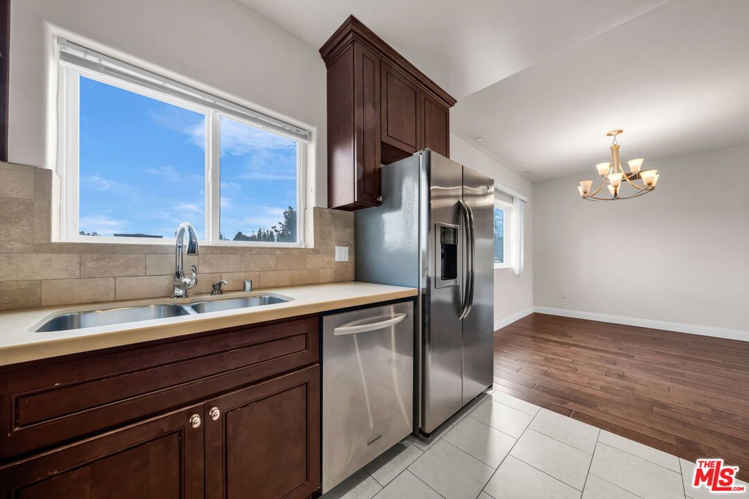 Chandelier, Interior, Kitchen, Stainless Steel Appliances, Wood Texture Flooring