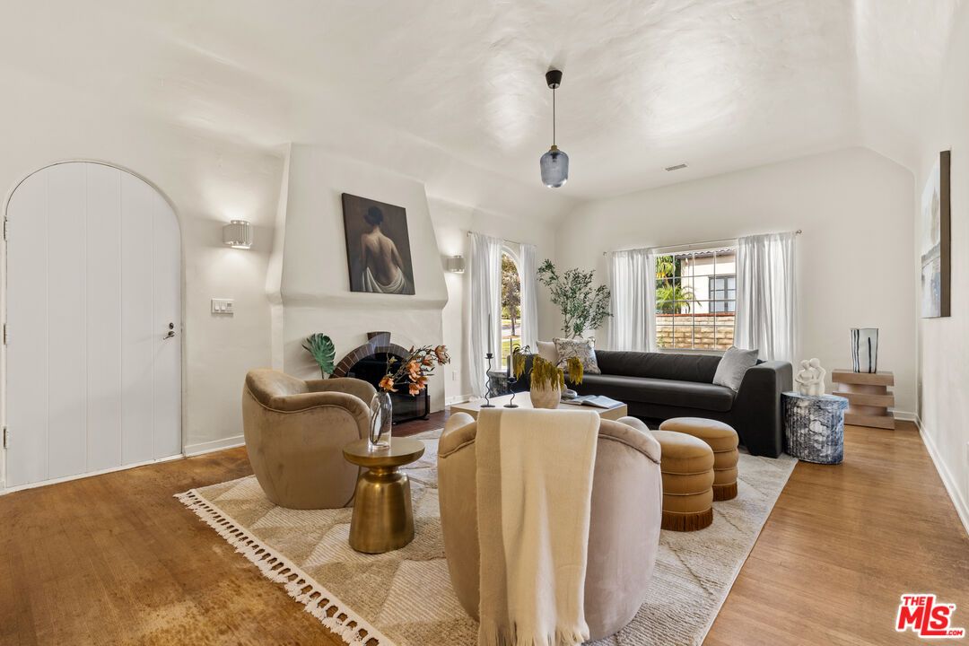 Fireplace, Interior, Living room, Pendant Lights, Wood Texture Flooring
