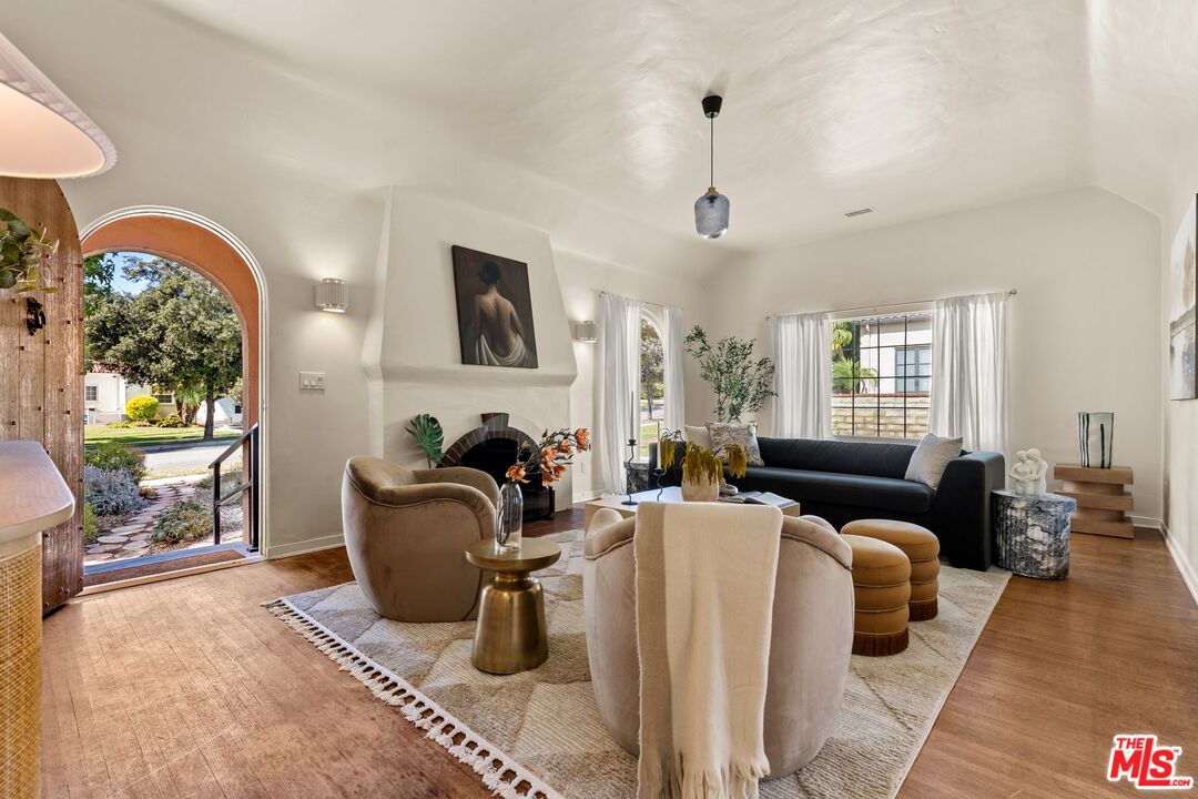 Fireplace, Interior, Living room, Pendant Lights, Wood Texture Flooring
