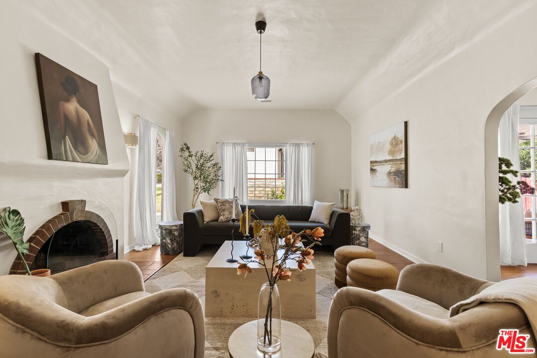 Fireplace, Interior, Living room, Pendant Lights, Wood Texture Flooring