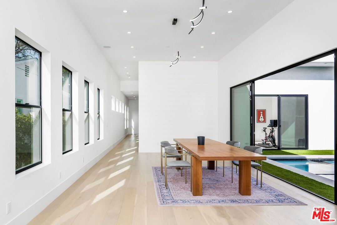 Dining room, Interior, Pool, Recessed Lighting, Wood Texture Flooring