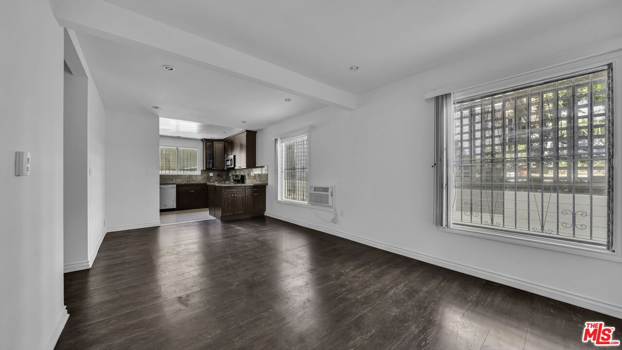 Empty room, Interior, Kitchen, Recessed Lighting, Wood Texture Flooring