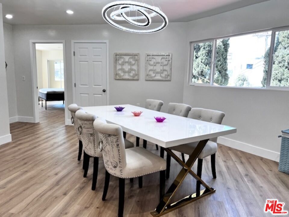 Dining room, Interior, Pendant Lights, Recessed Lighting, Wood Texture Flooring