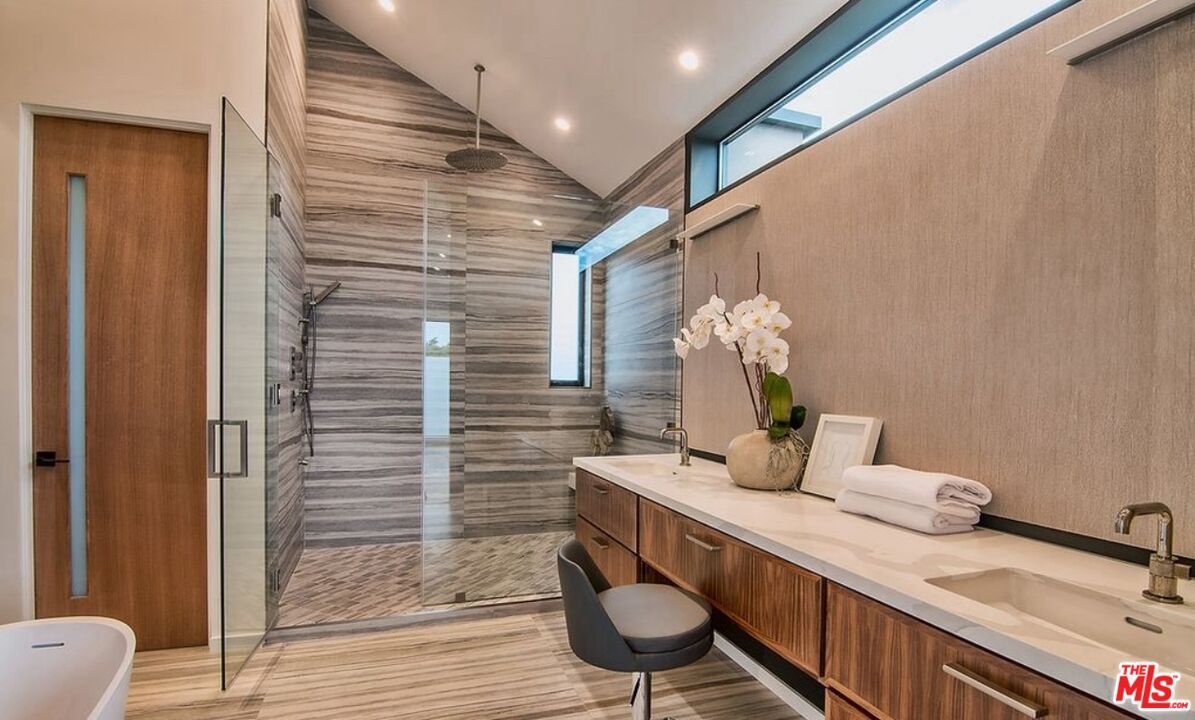Bathroom, Dual Sink Vanities, Glass Shower, Interior, Recessed Lighting, Wood Texture Flooring