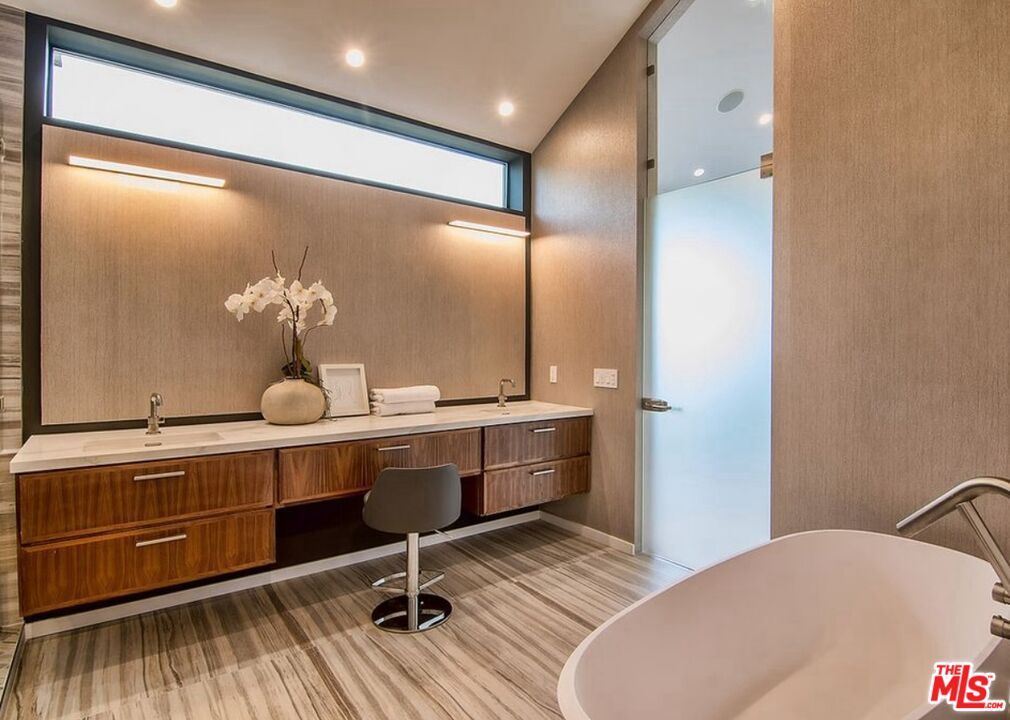 Bathroom, Dual Sink Vanities, Free Standing Baths, Interior, Recessed Lighting, Wood Texture Flooring